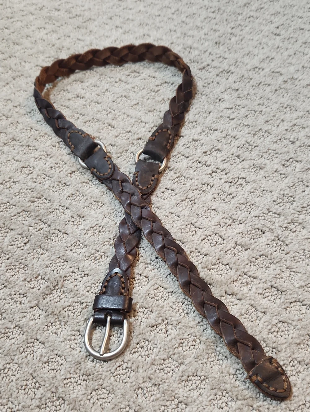 Braided Brown Leather Belt With Silver Tone Buckle & Harness Style Rings Large